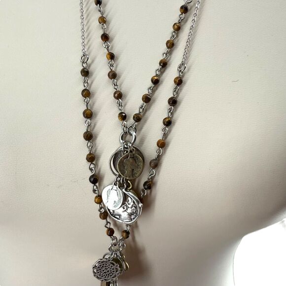 J. Jill Layered Coin Charm Necklace Silver Tone Beaded Medallion Statement NWT - Picture 4 of 11